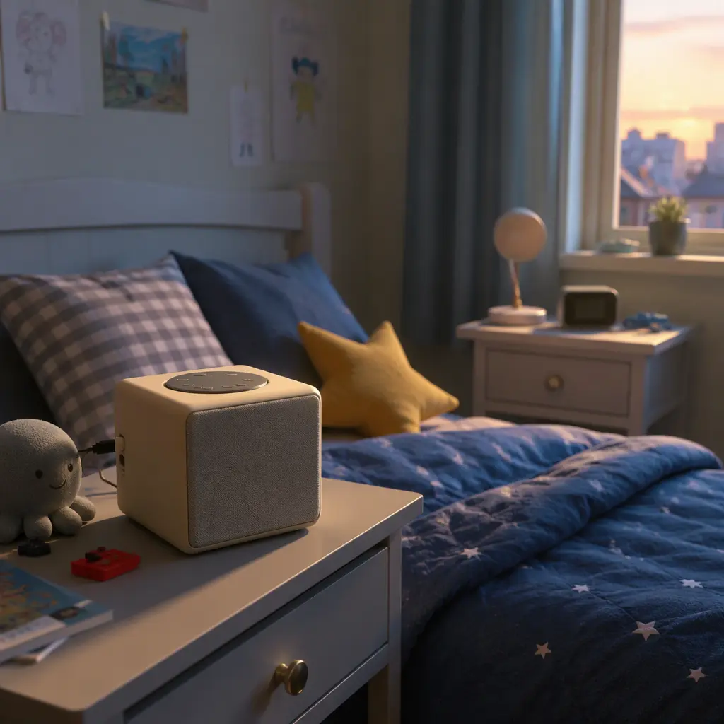 Two different children's audio players placed in a calm bedroom setting
