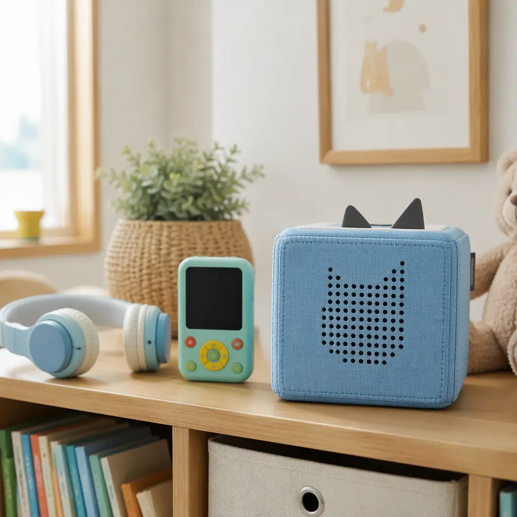 Two children's audio players displayed on a shelf with headphones and toys nearby